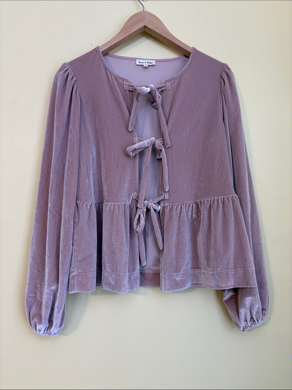 Aaron & Amber | Dusty Rose Velvet Tie-Front Peplum Balloon Sleeve Blouse Top S - Picture 3 of 11
